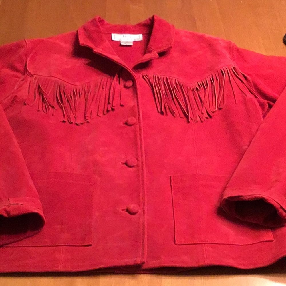 Vintage 1980s  red suede leather fringe jacket